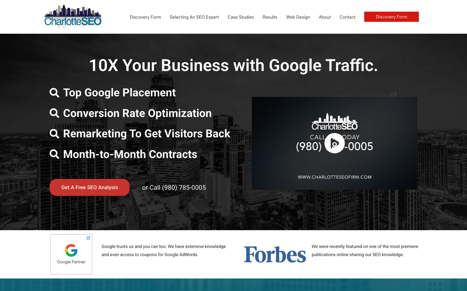 Charlotte SEO Firm homepage on North Tryon Street promising month-to-month contracts and Google placement
