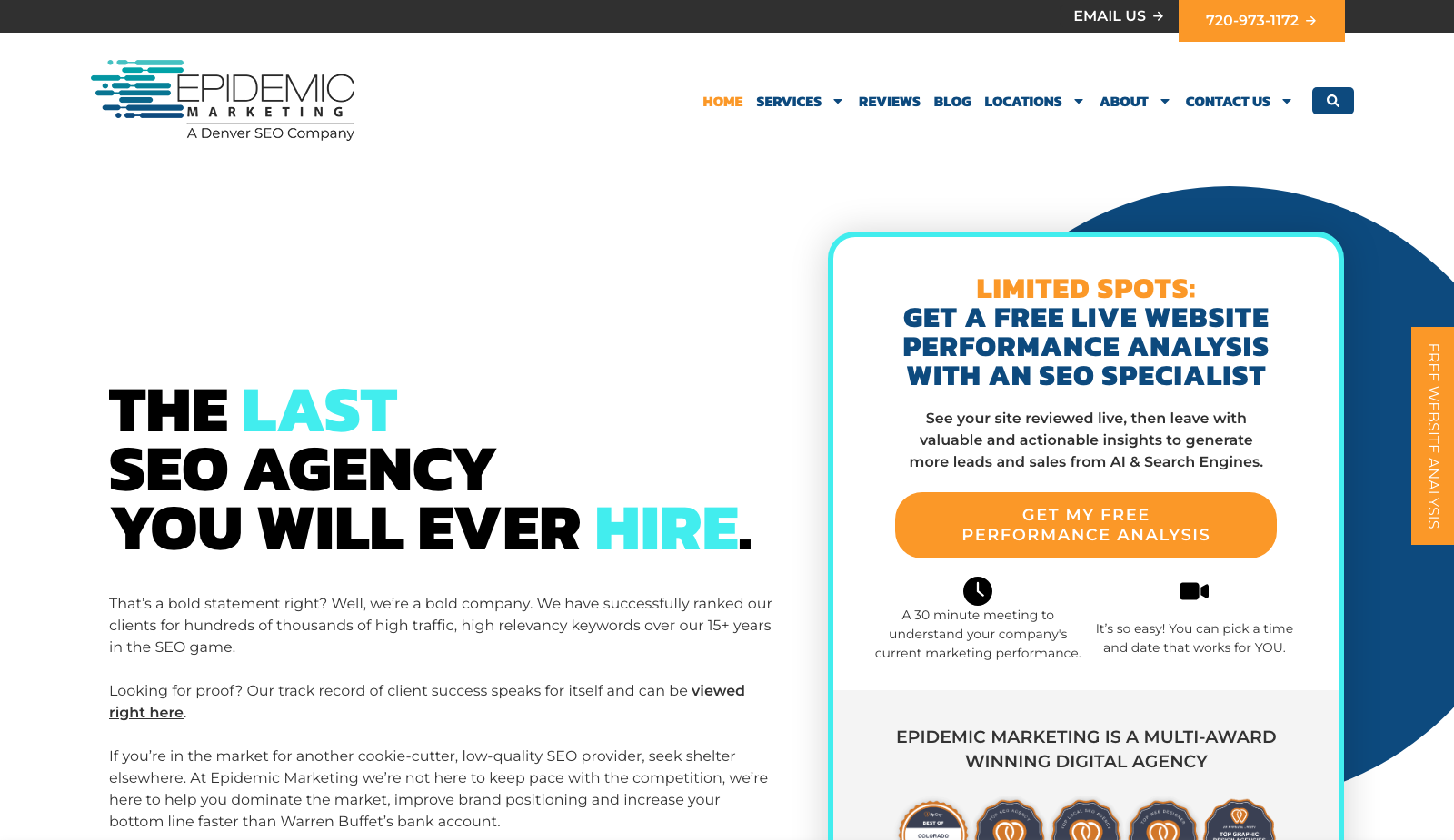 Epidemic Marketing homepage stating SEO packages start at $2,499 a month, Denver SEO since 2009