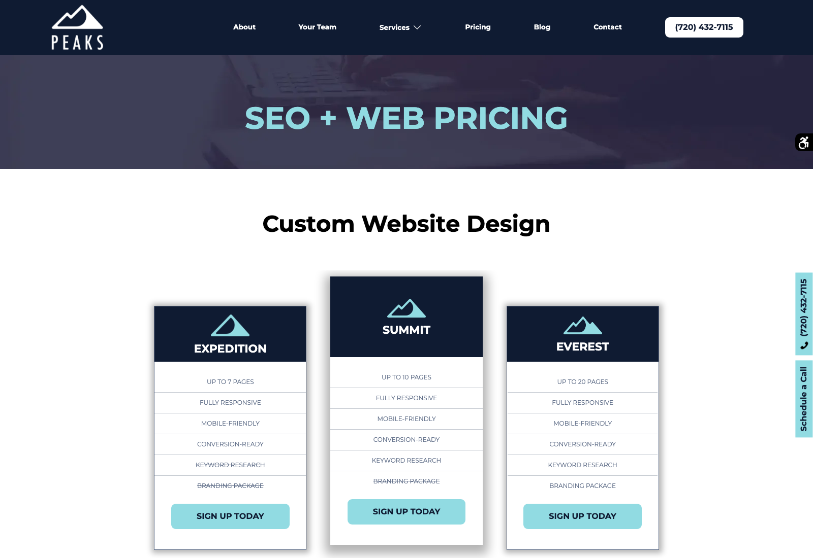 Peaks Digital Marketing pricing page showing Expedition, Summit and Everest website tiers with page counts and no dollar figures