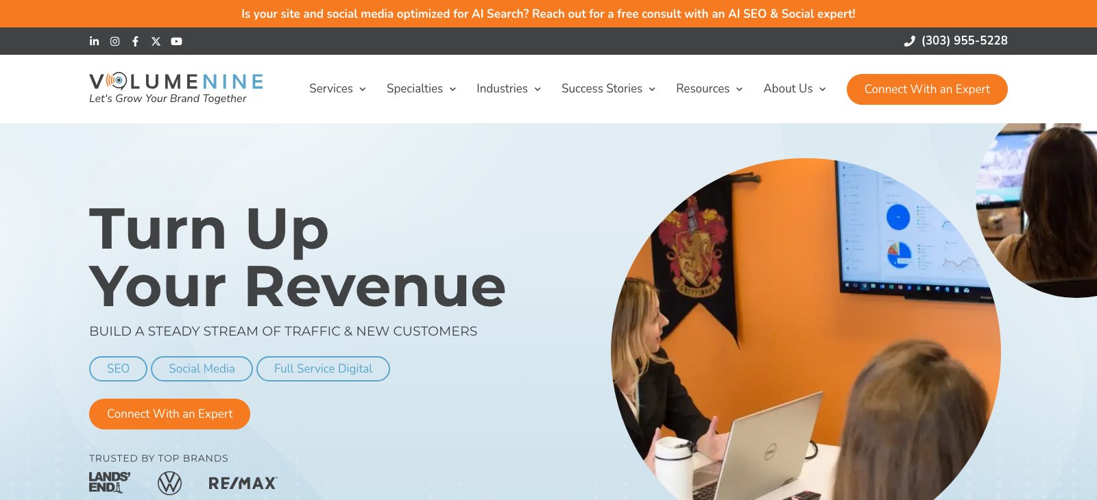 Volume Nine homepage, a Denver SEO agency since 2007 offering SEO, GEO, content and paid media