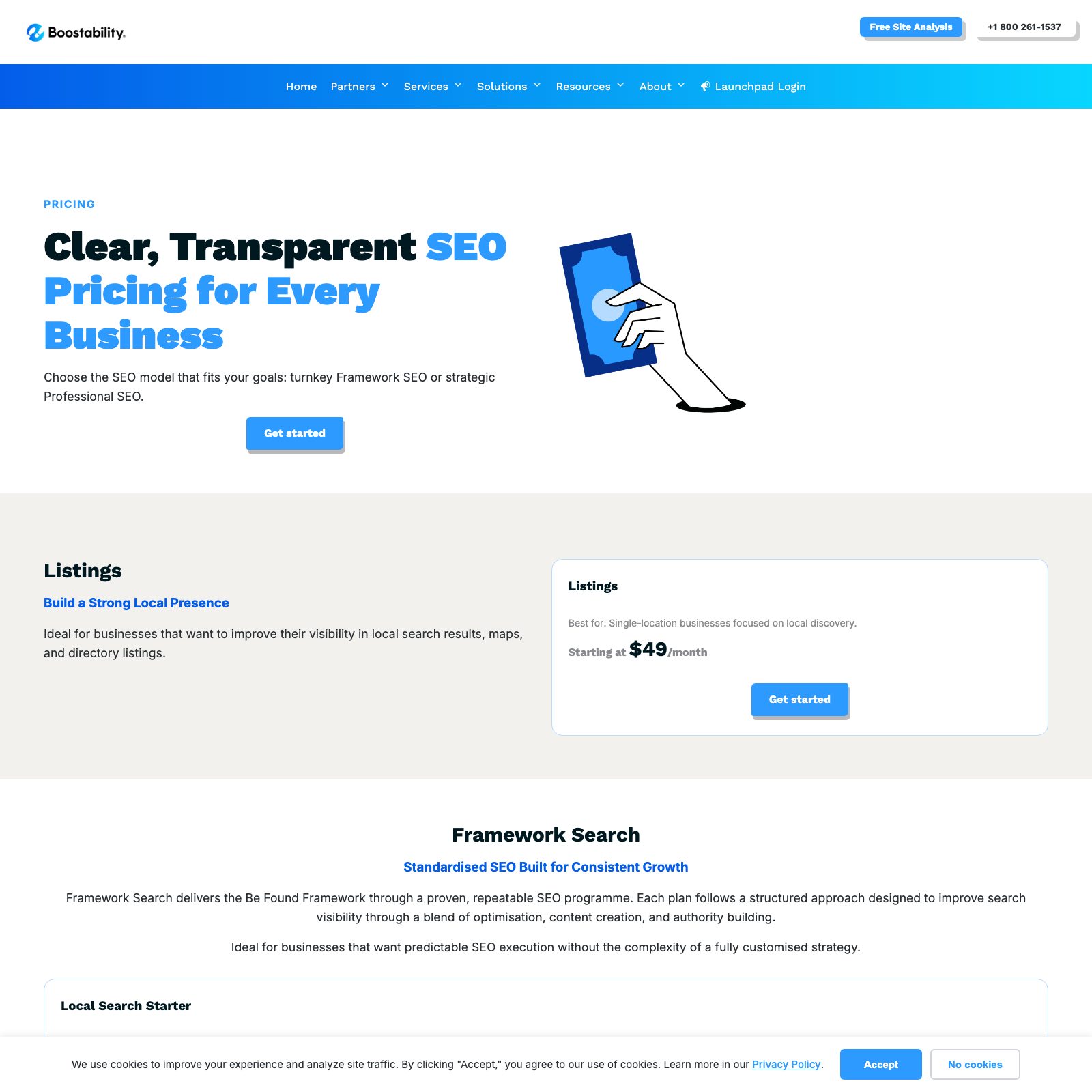 Boostability pricing page with SEO plans from $299 to $3,600 a month