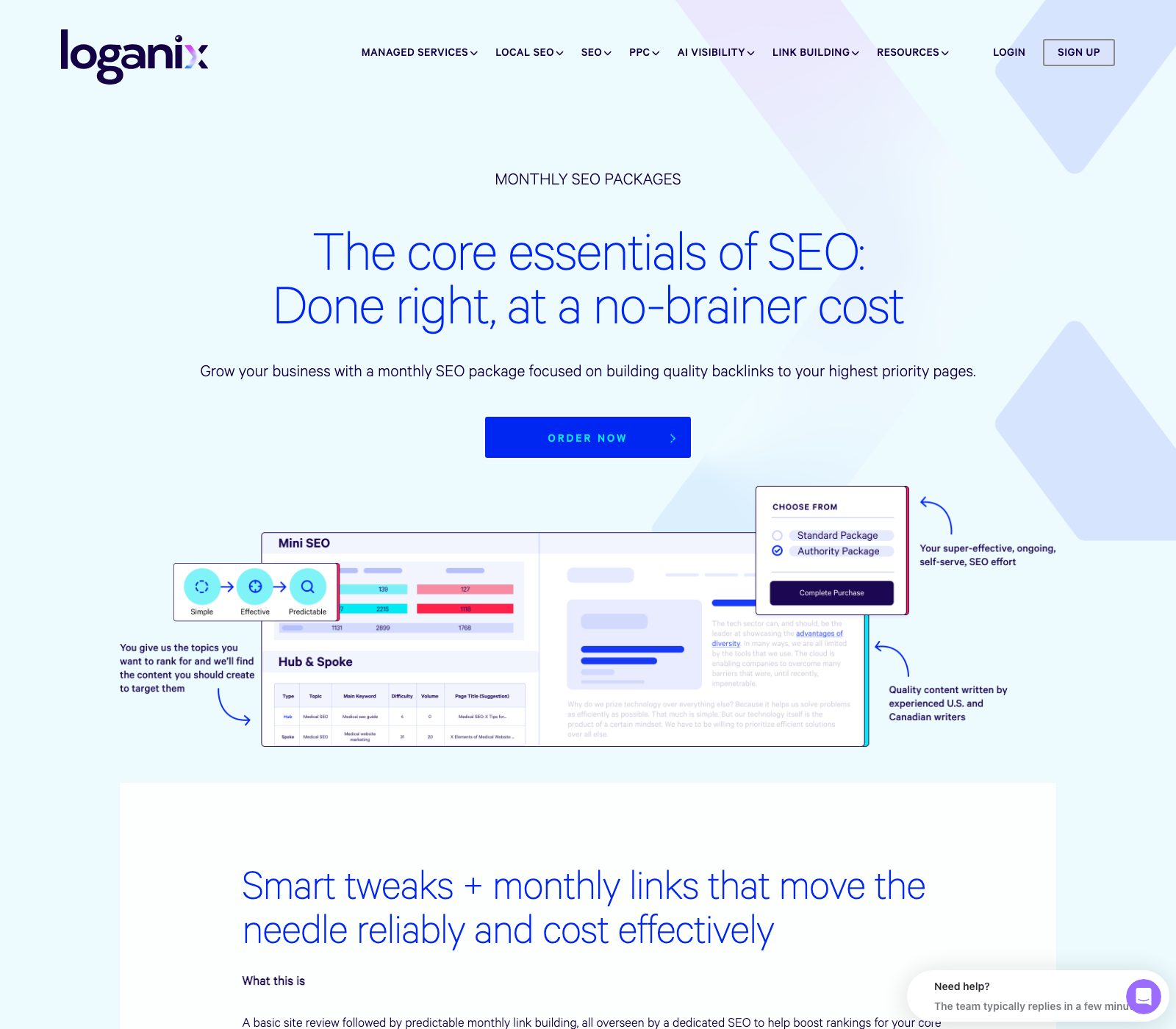 Loganix SEO packages page listing $500 and $1,000 monthly link-building plans with no minimum term