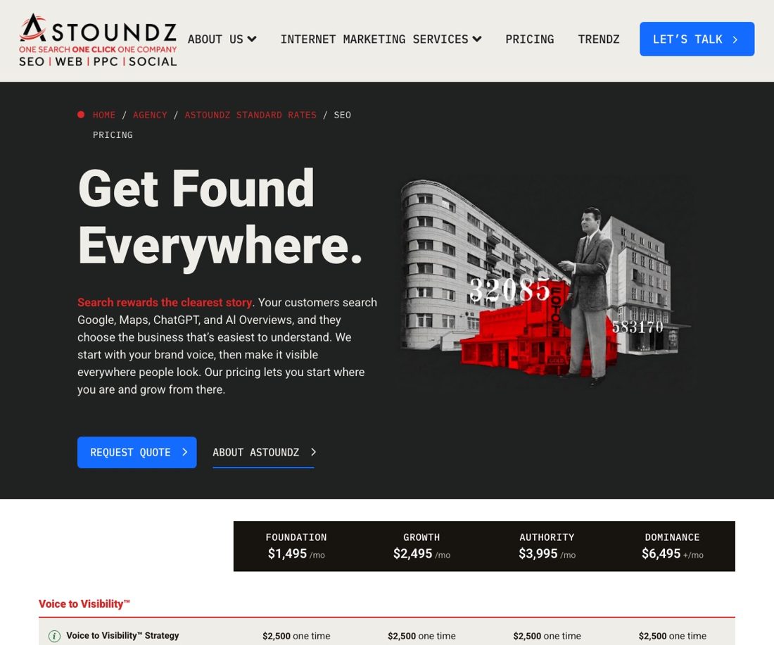 Astoundz SEO pricing page showing Foundation $1,495, Growth $2,495, Authority $3,995 and Dominance $6,495 a month