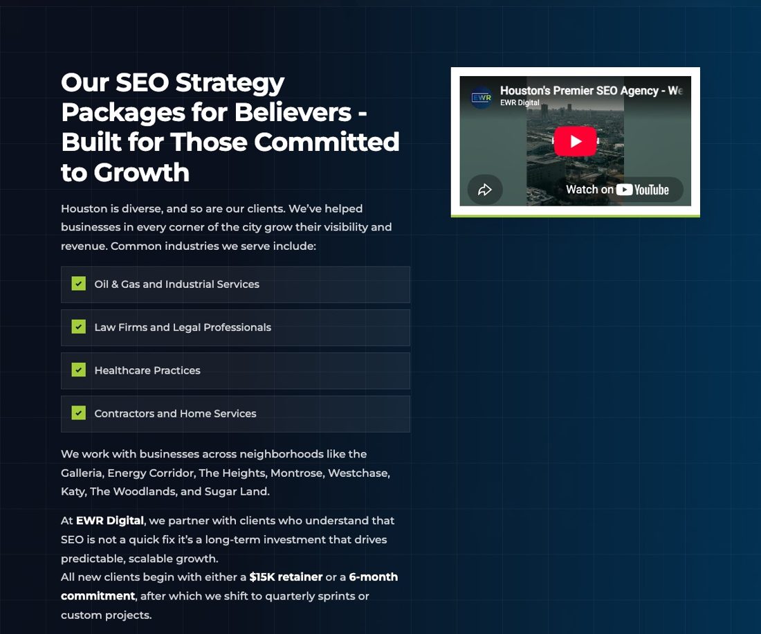 EWR Digital Houston SEO page showing Foundation from $10K, Growth from $3K a month and Market Dominator $7.5K plus a month