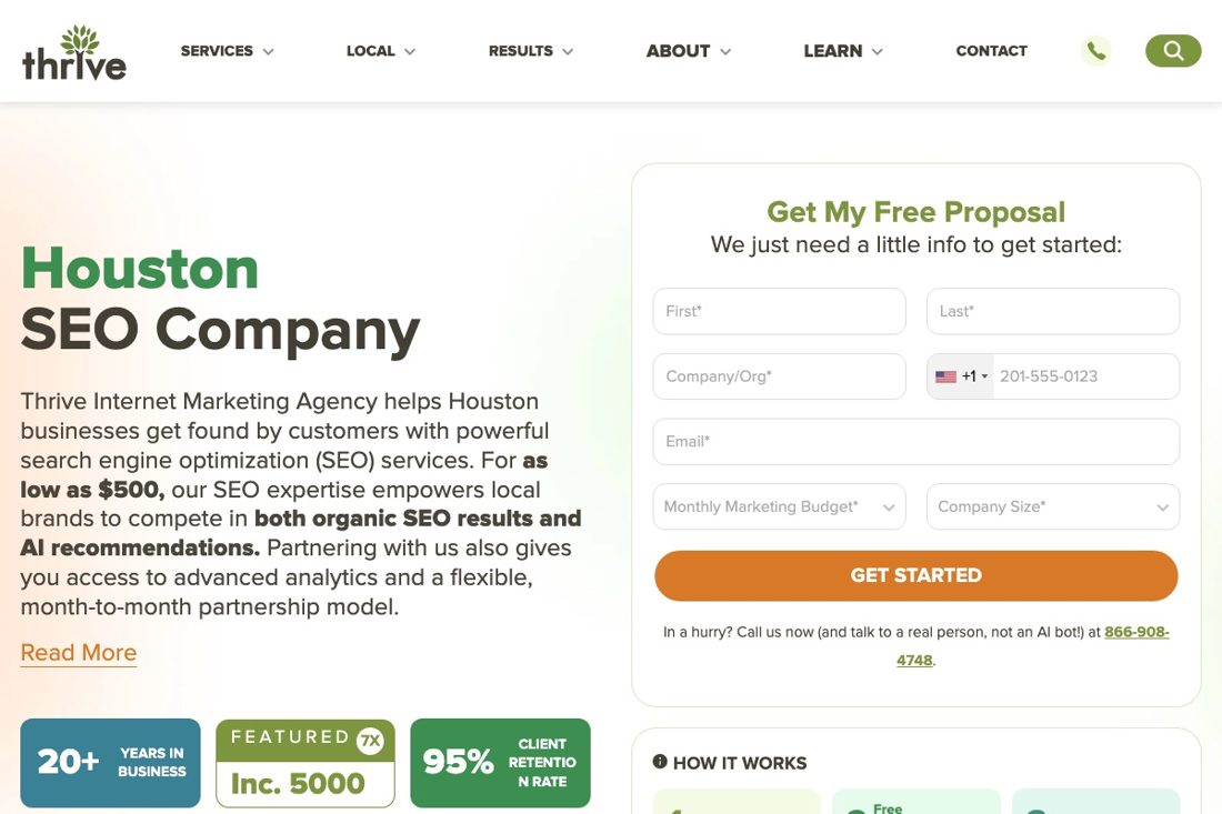 Thrive Internet Marketing Agency Houston SEO page showing SEO packages starting at $500