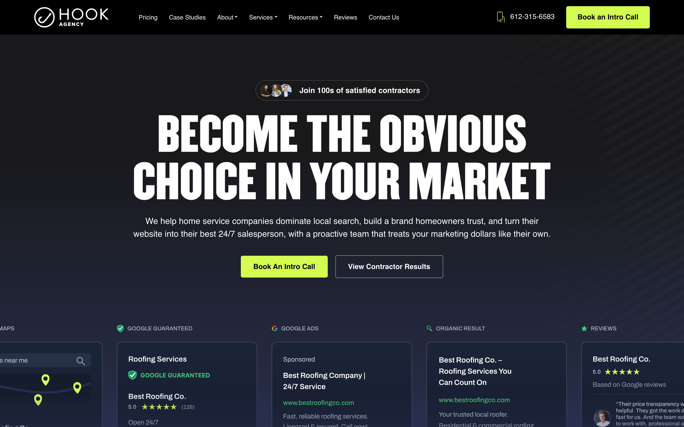 Hook Agency homepage: become the obvious choice in your market, with mockups of Google Guaranteed, ads, organic and review results