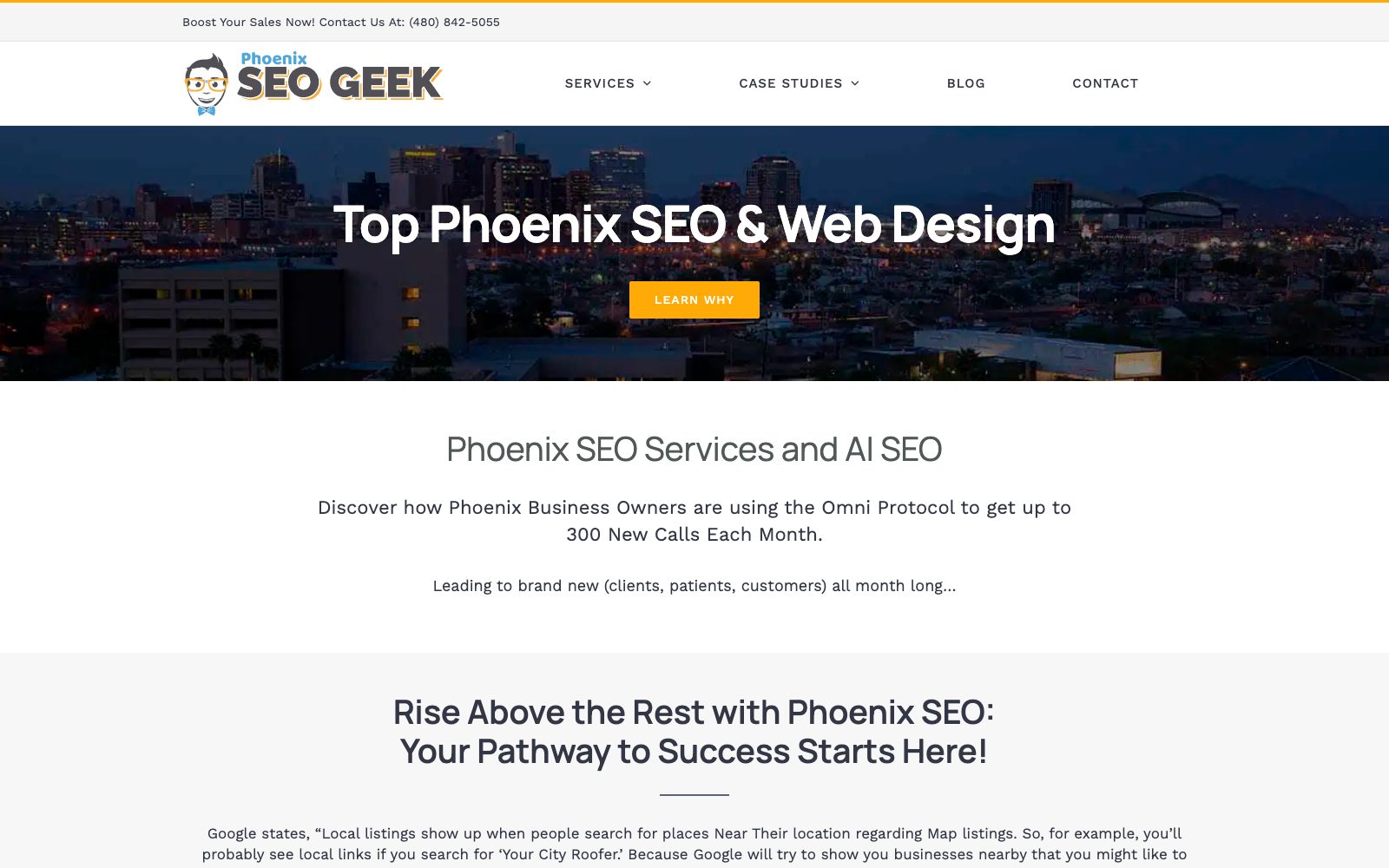Phoenix SEO Geek homepage pitching the Omni Protocol, a 203-step local SEO process for Phoenix businesses