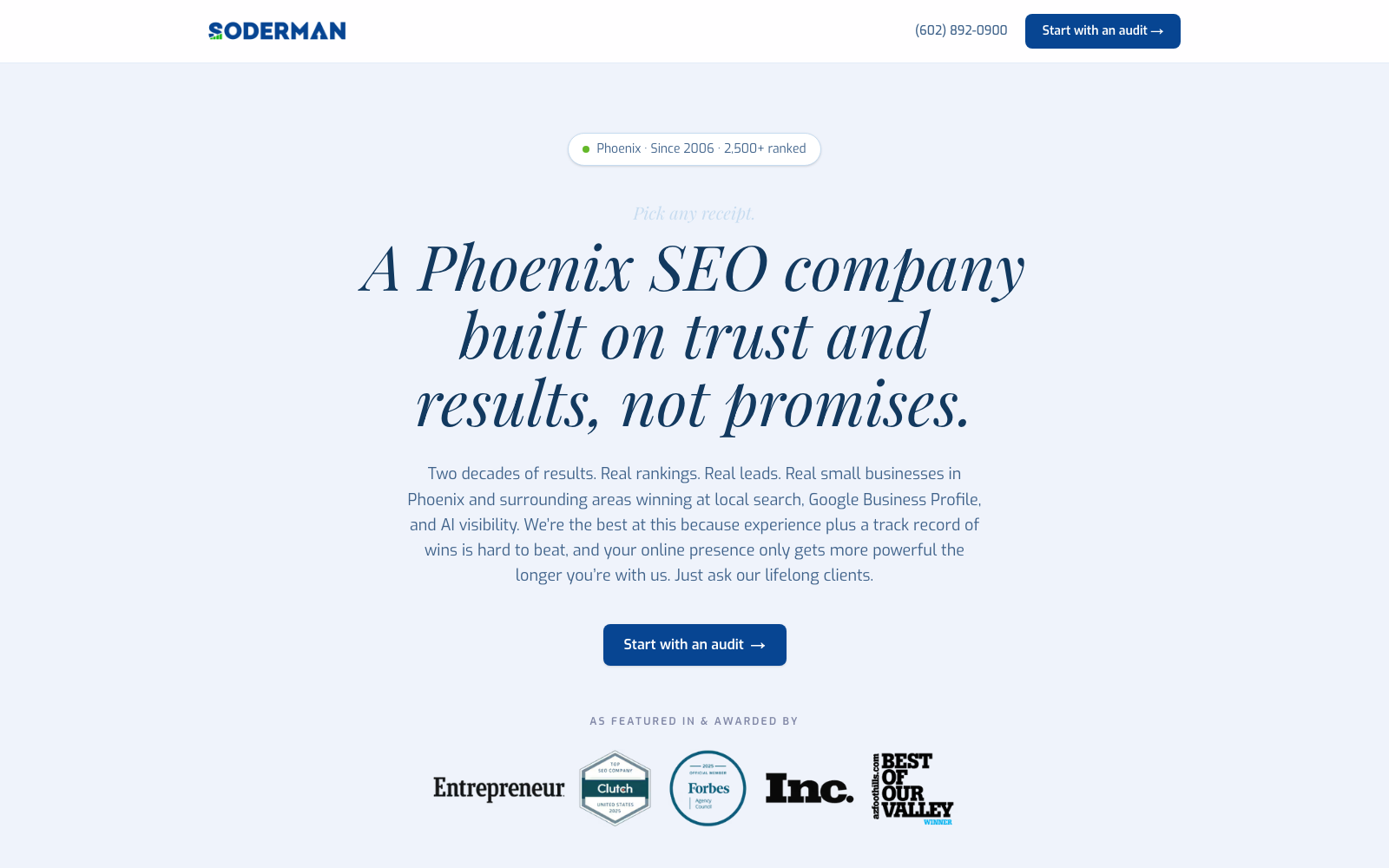 Soderman SEO homepage, a Phoenix SEO company ranking clients since 2006 with HVAC, roofing and pest control among the industries listed