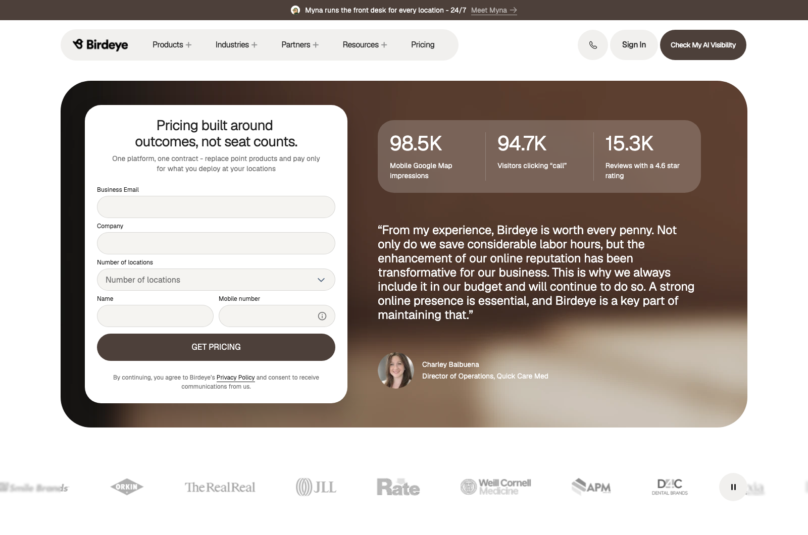 Birdeye pricing page showing a Get Pricing form with location-count bands from 1 to 3 up to 1,000 plus and no listed prices