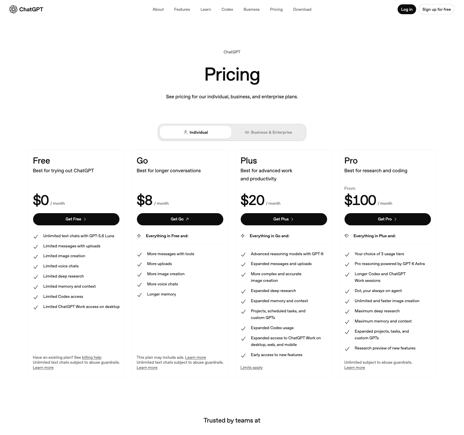 ChatGPT pricing page showing Free $0, Go $8, Plus $20 and Pro from $100 per month