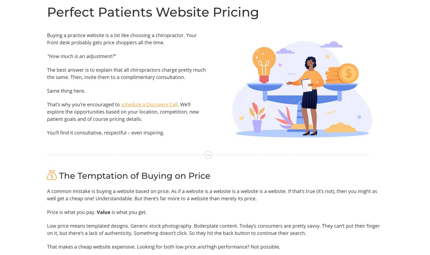 Perfect Patients website pricing page, a page of prose comparing website buyers to price shoppers, ending in a Schedule a Discovery Call button and no prices