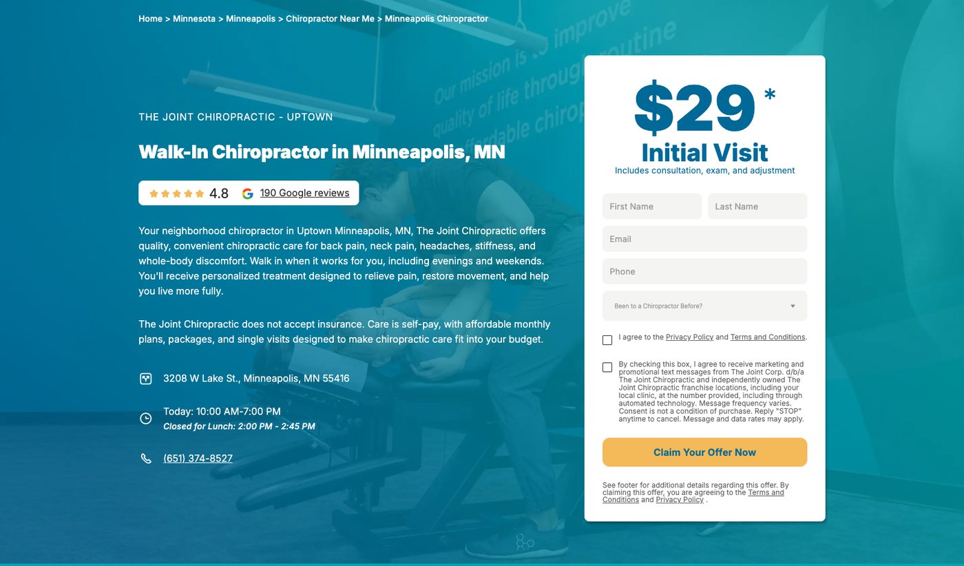 The Joint Chiropractic Uptown Minneapolis page with a 4.8 rating on 190 Google reviews, a $29 initial visit offer form, and the line that the clinic does not accept insurance