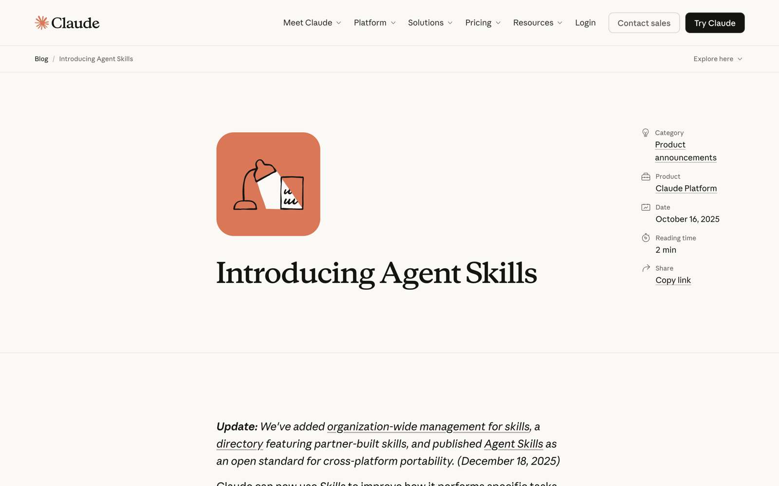 Anthropic's Introducing Agent Skills announcement from October 16, 2025, noting the December update adding org-wide management and an open standard