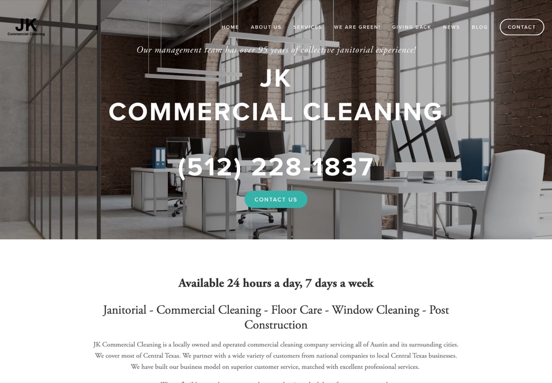 JK Commercial Cleaning homepage with a very large phone number in the hero