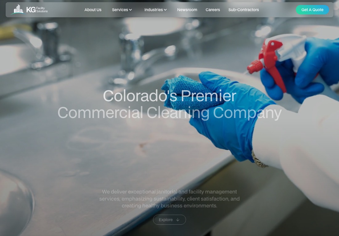 KG Facility Solutions homepage with a full-bleed photograph and low contrast text
