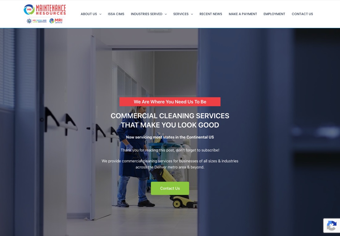 Maintenance Resources homepage with a stray blog plugin sentence in the hero