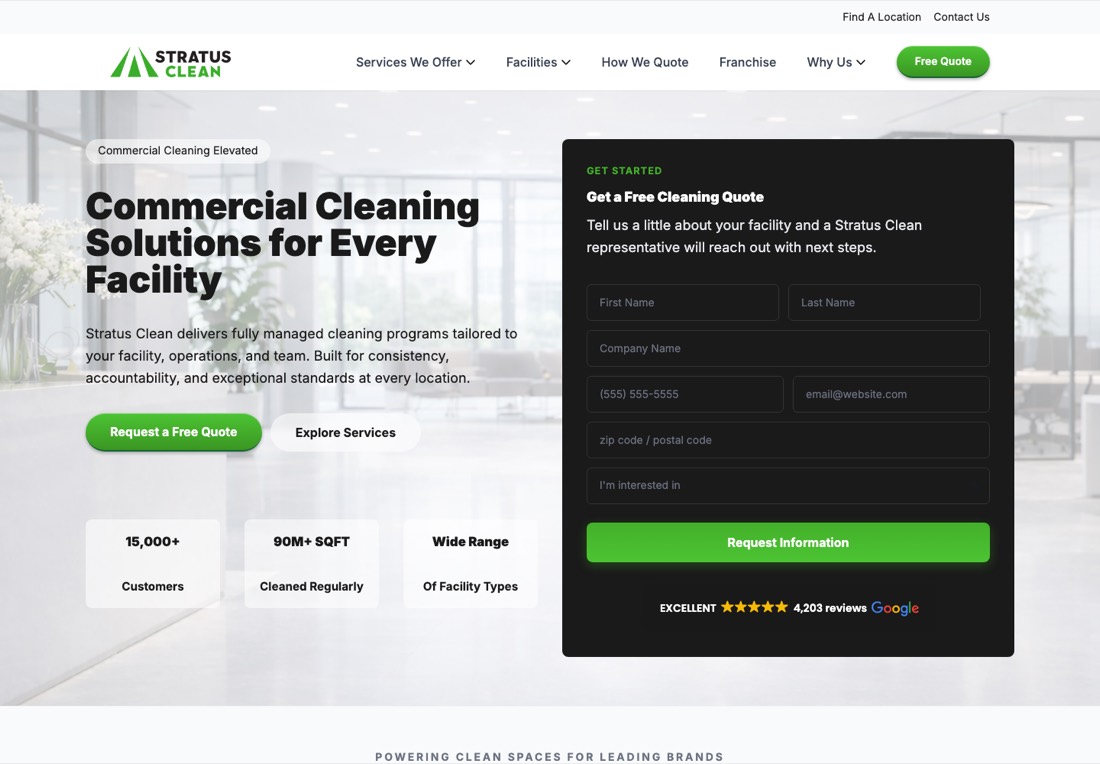 Stratus Clean homepage with a quote form, statistics and a Google review badge