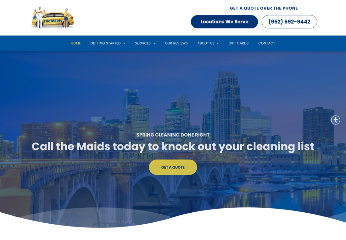 The Maids Minneapolis homepage with a skyline photograph and a get a quote button