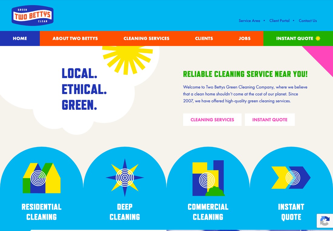 Two Bettys homepage with bold color blocking and an instant quote button