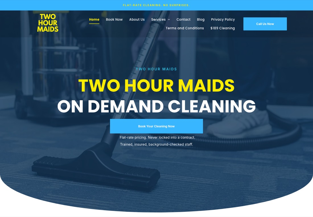 Two Hour Maids homepage with a flat-rate banner and a price in the navigation