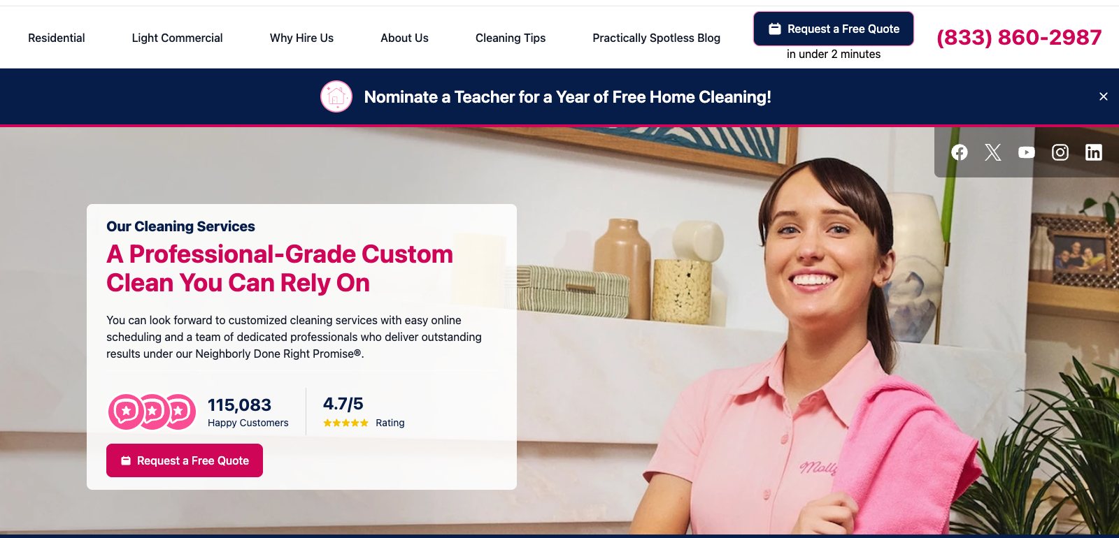Molly Maid homepage with a free estimate form asking for zip code, recurring cleaning plans and a call to action to book a cleaning