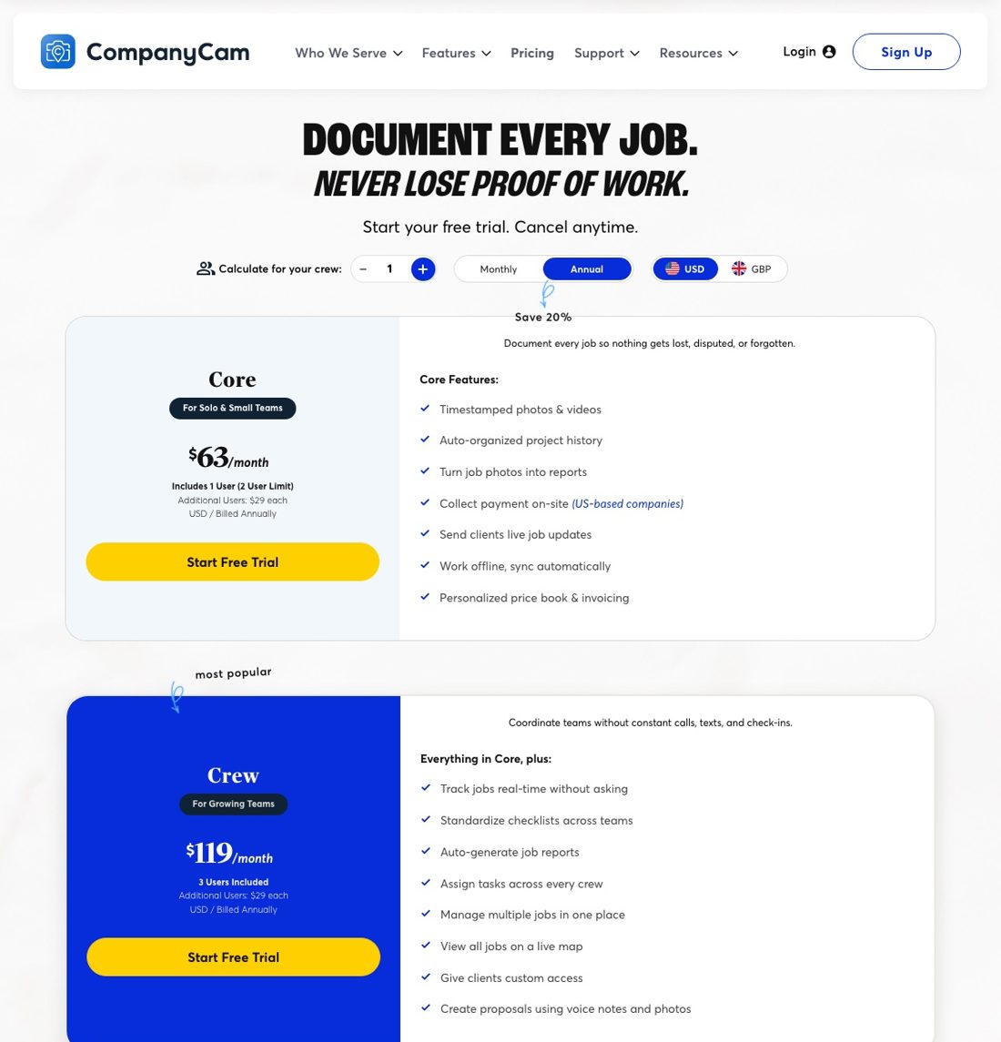 CompanyCam pricing page showing Core $63, Crew $119 and Scale $249 a month on annual billing