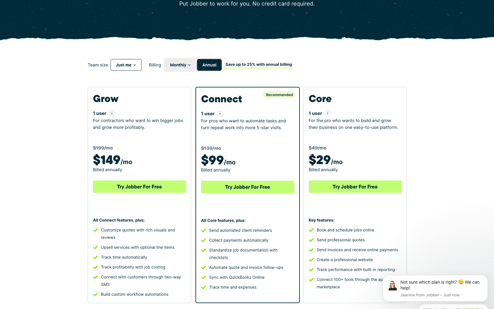 Jobber pricing page showing Core, Connect and Grow plans with annual and monthly rates side by side
