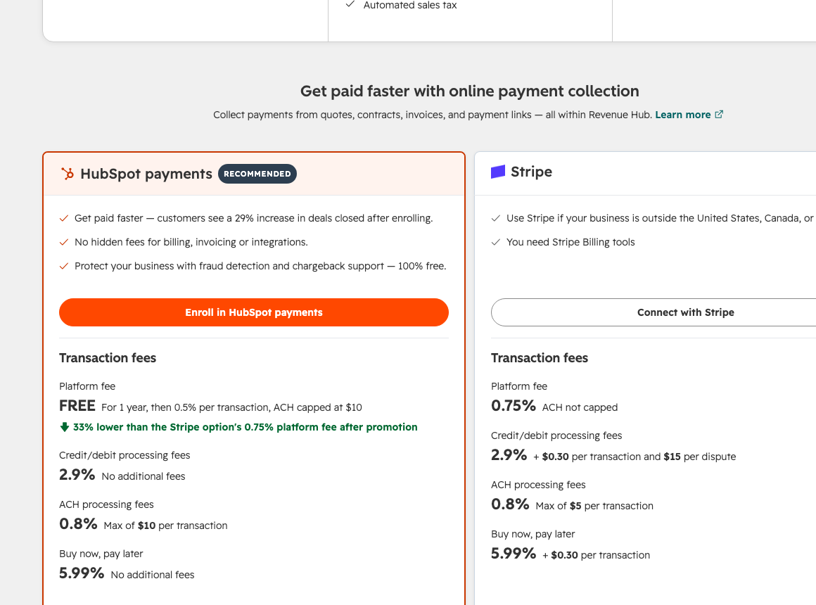 HubSpot Revenue Hub pricing page showing HubSpot payments at 2.9 percent on cards with no platform fee for one year then 0.5 percent, ACH at 0.8 percent capped at $10, next to the Stripe option at 2.9 percent plus 30 cents with a 0.75 percent platform fee
