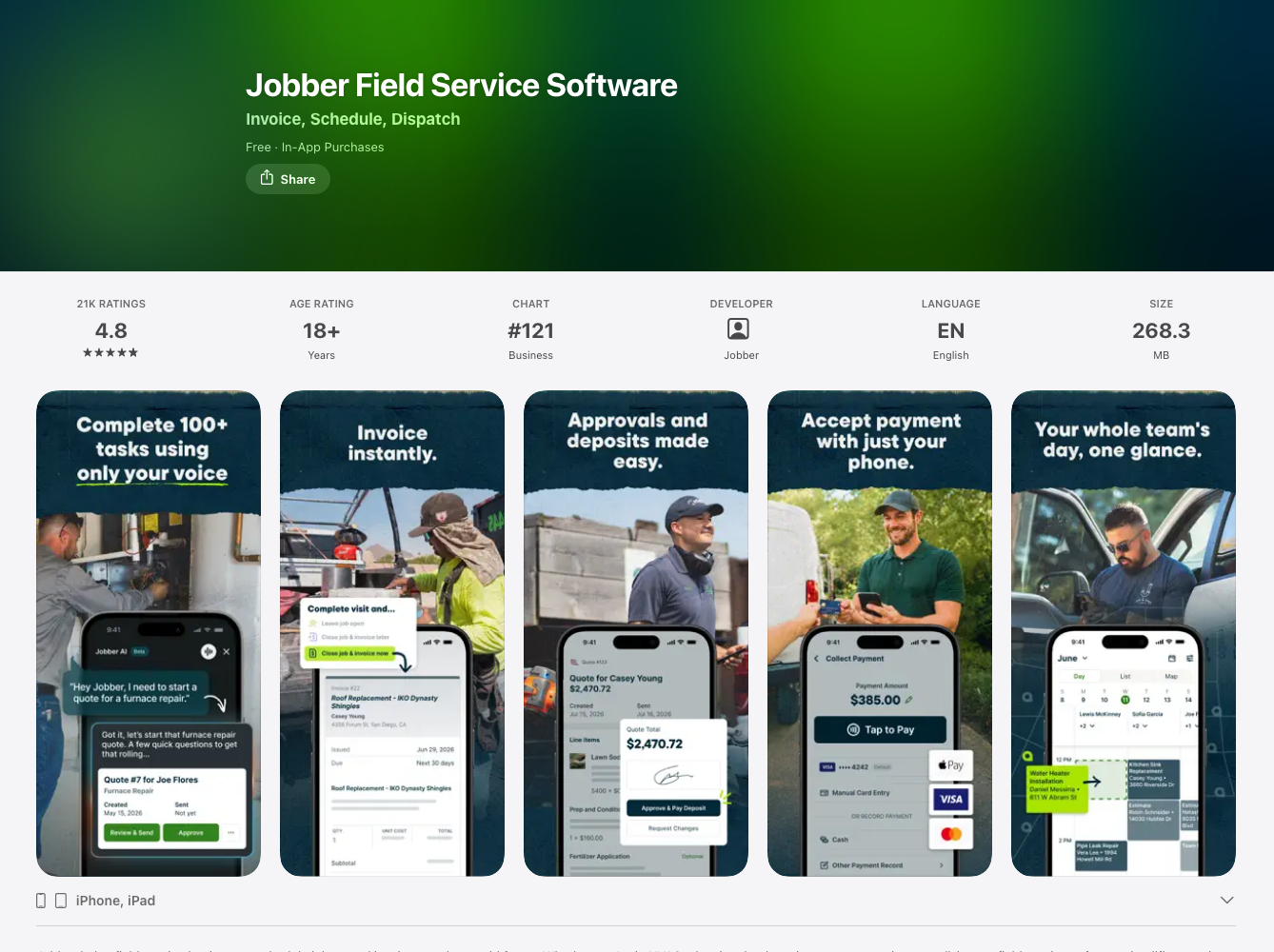 Jobber Field Service Software listing on the US App Store showing 4.8 stars from 21K ratings, ranked 121 in Business, with screenshots for invoicing, approvals and deposits, and taking payment by phone
