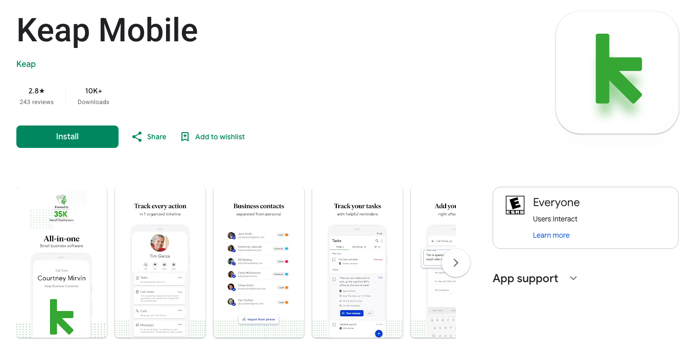 Keap Mobile listing on the US Google Play store showing 2.8 stars from 243 reviews and 10K+ downloads