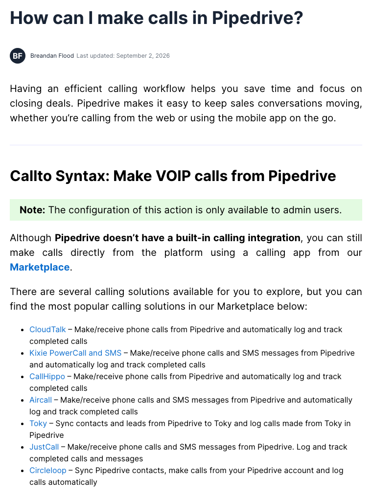 Pipedrive knowledge base article titled How can I make calls in Pipedrive, last updated September 2, 2026, stating that Pipedrive doesn't have a built-in calling integration and listing CloudTalk, Kixie, CallHippo, Aircall, Toky, JustCall and Circleloop as Marketplace calling apps