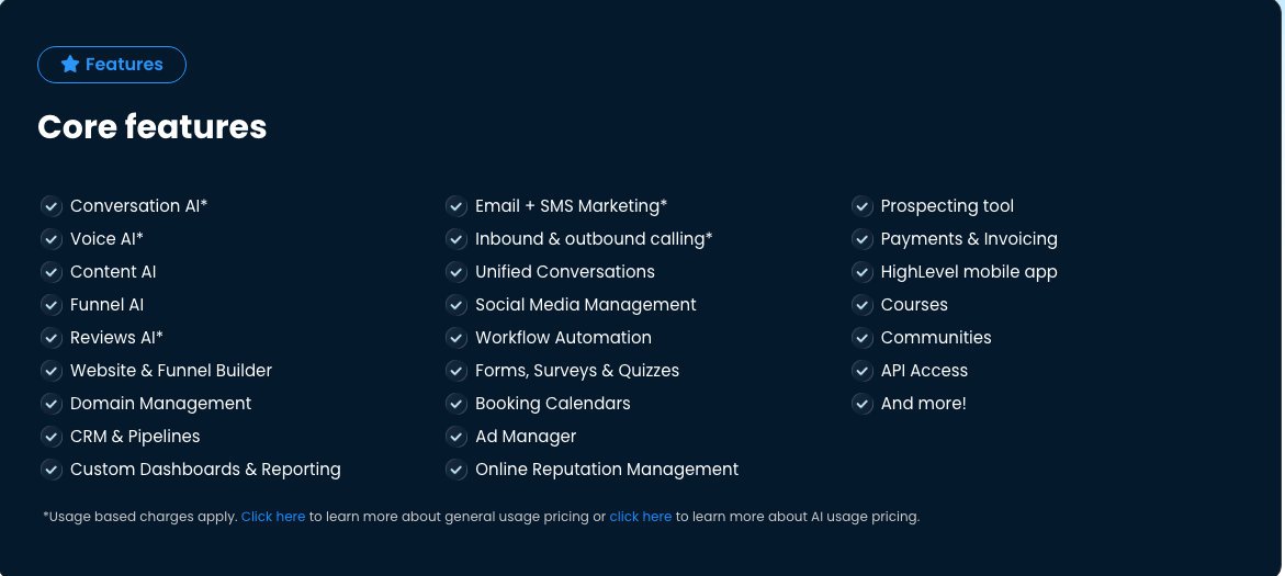 GoHighLevel core features list on October 11, 2026 with Email + SMS Marketing, Unified Conversations and inbound and outbound calling marked with asterisks for usage-based charges