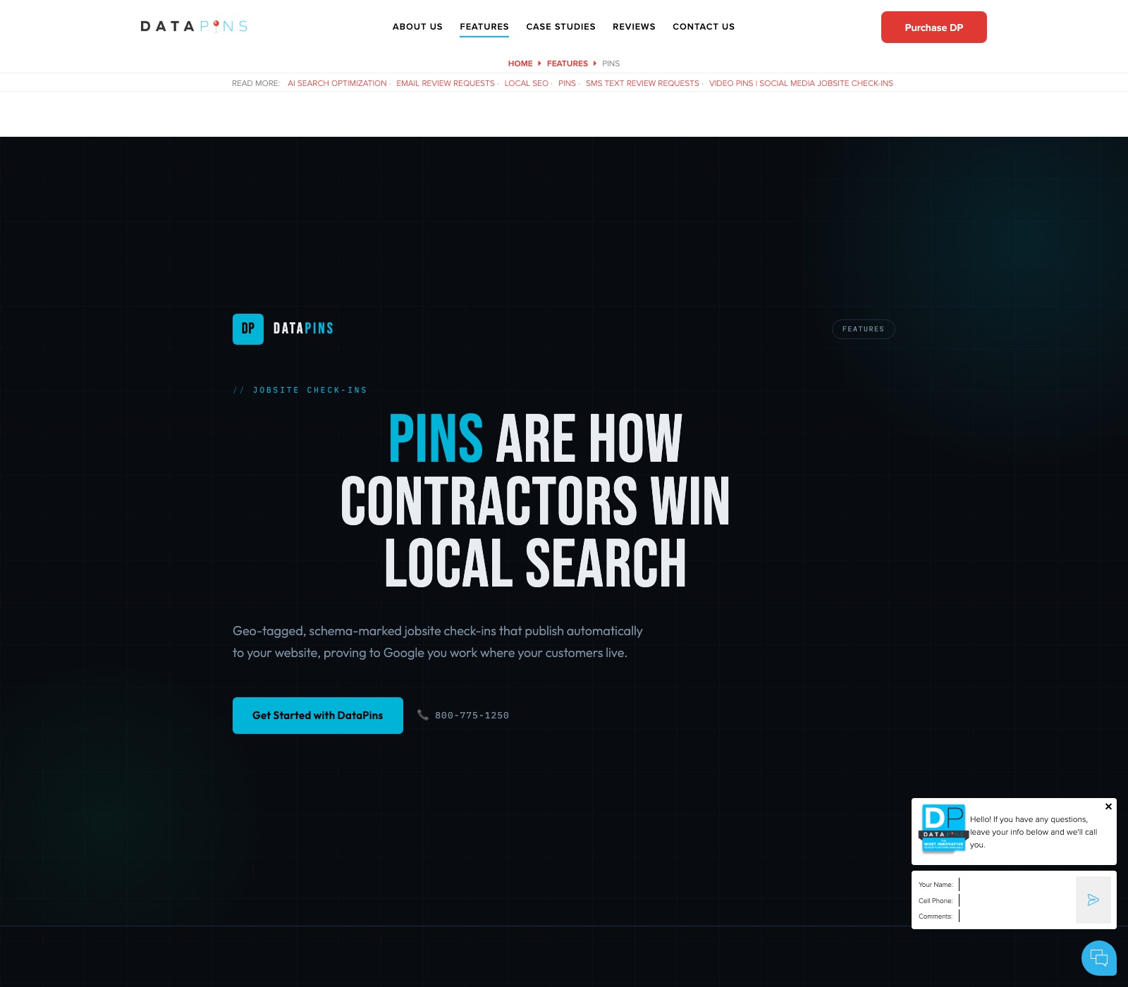 DataPins check-ins feature page describing pins with GPS coordinates, schema markup and jobsite photos as proof of location to Google