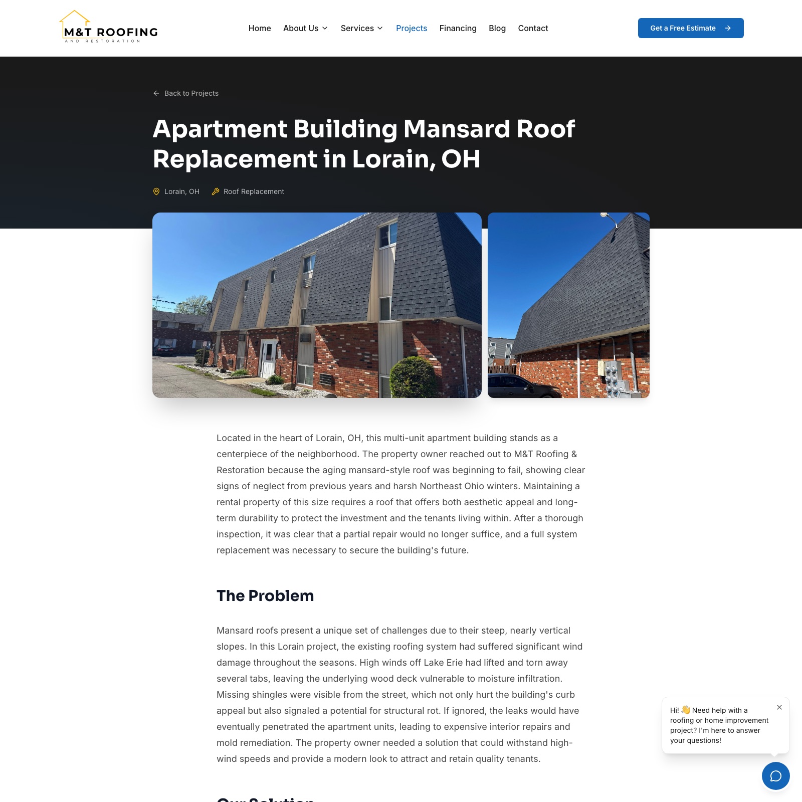 M and T Roofing project page titled Apartment Building Mansard Roof Replacement in Lorain, OH, with two photos and a problem and solution write-up