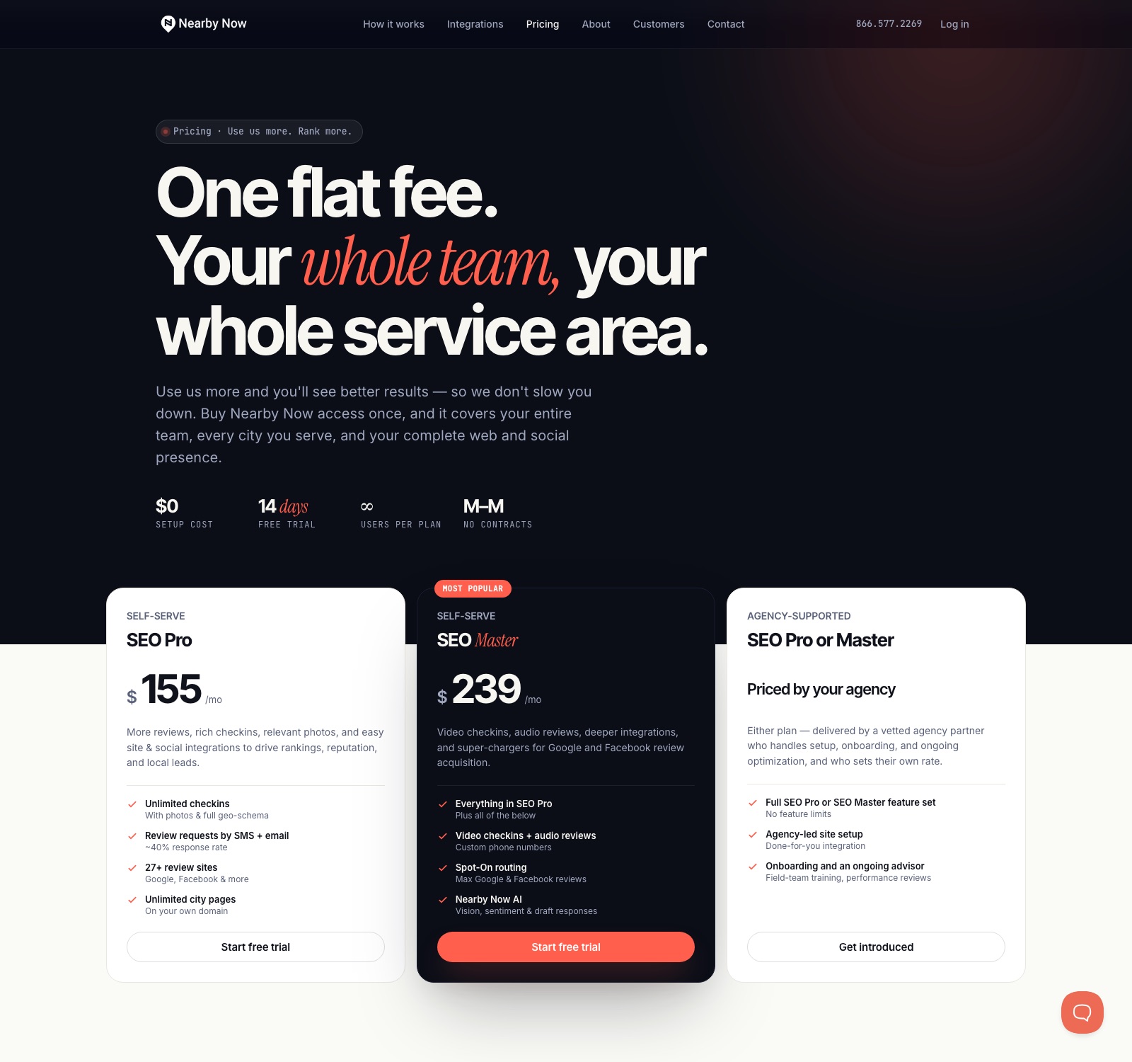 Nearby Now pricing page showing SEO Pro at 155 dollars a month and SEO Master at 239 dollars a month with no contract