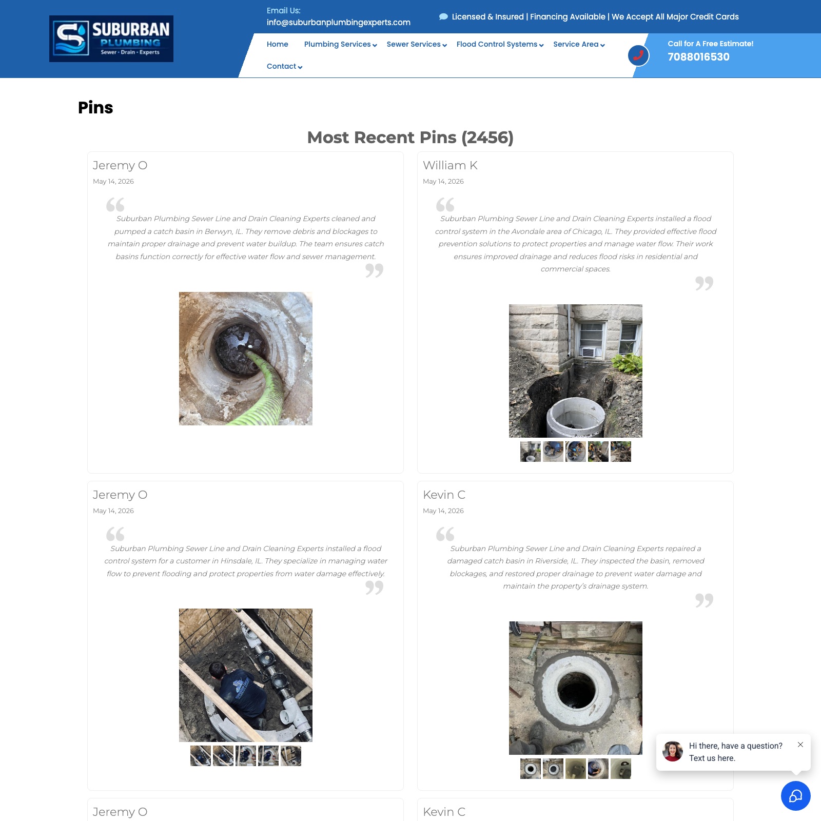 Suburban Plumbing Experts pins page showing Most Recent Pins 2456 with technician names, dates, two-sentence captions and job photos