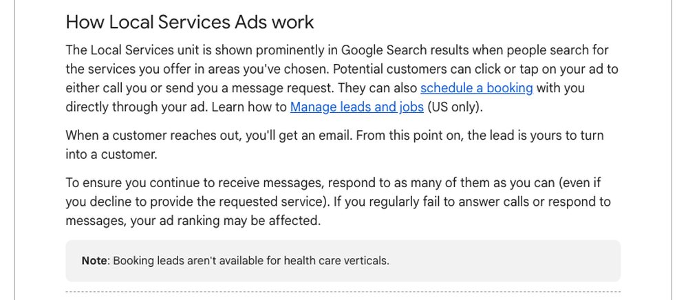 Google's Local Services Ads help page with the note that booking leads are not available for health care verticals
