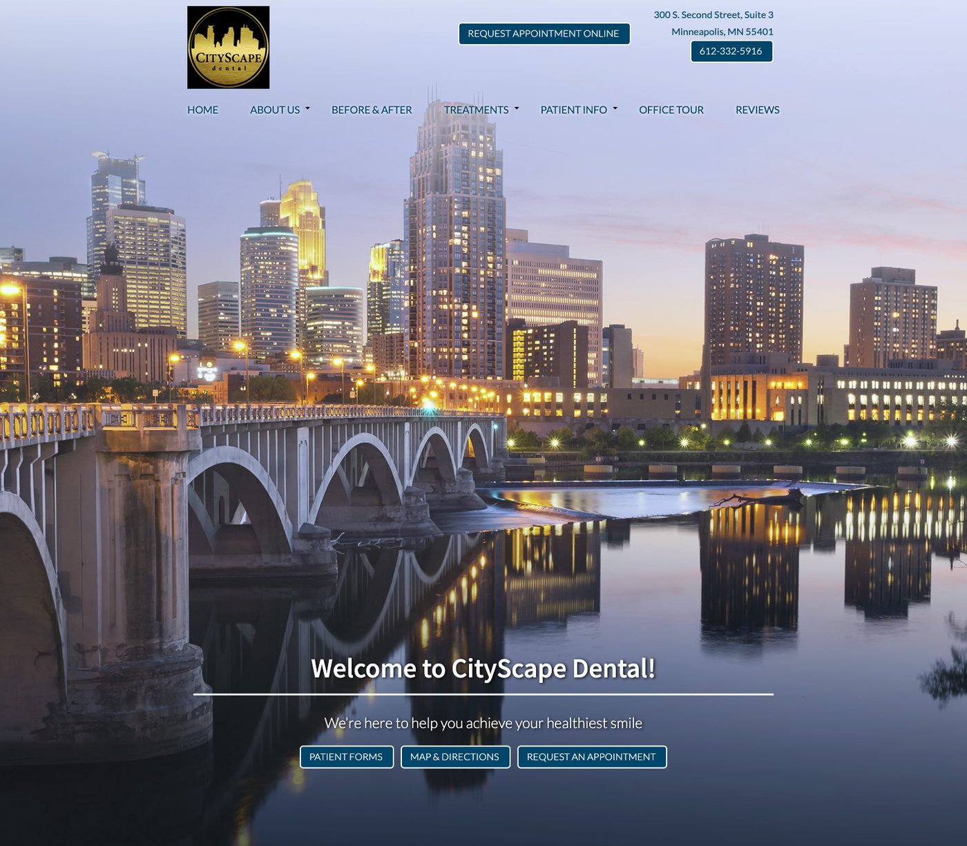 CityScape Dental homepage with a stock Minneapolis skyline photo, the headline Welcome to CityScape Dental, and buttons for patient forms, directions and appointment requests