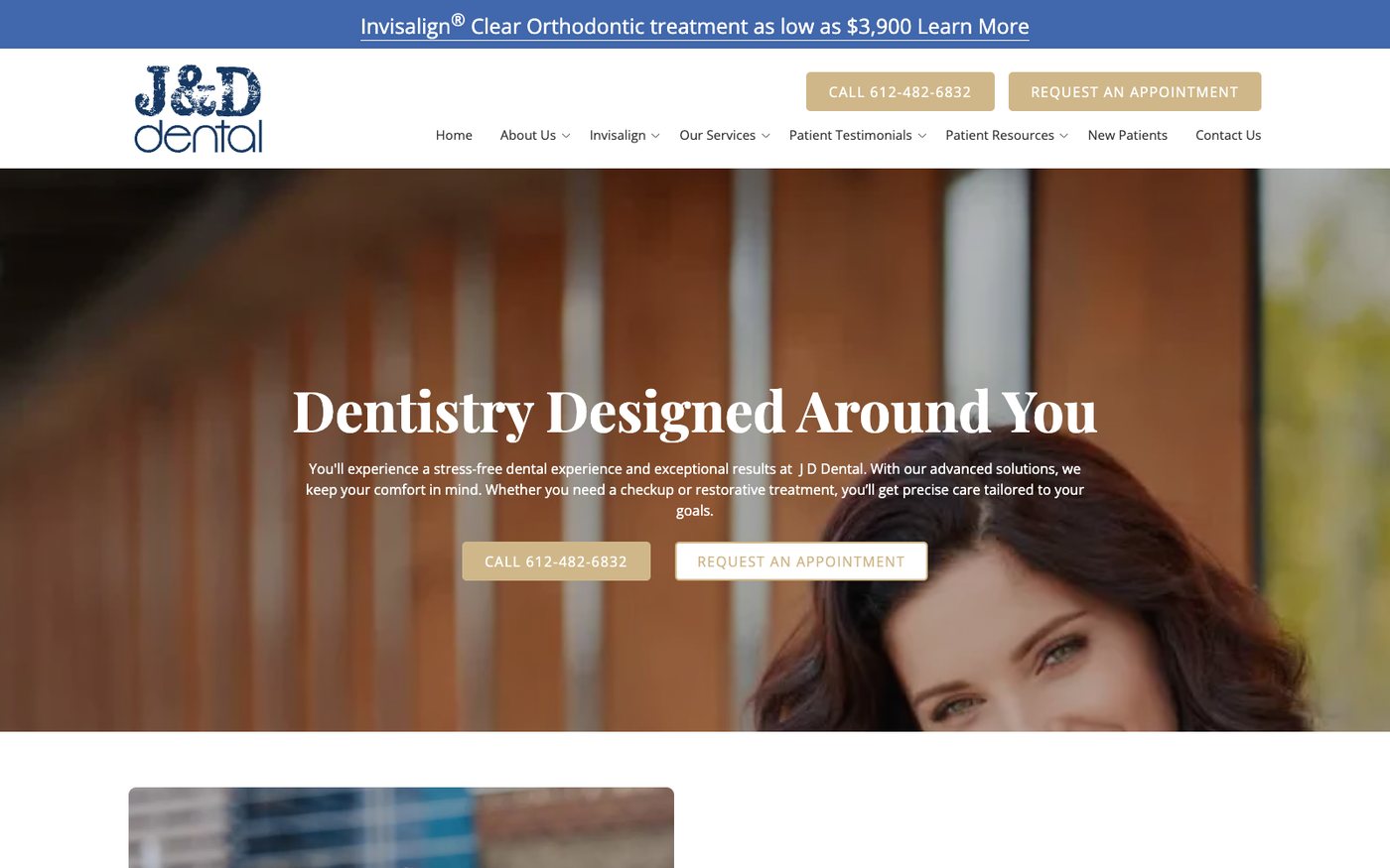 J and D Dental homepage with an Invisalign as low as $3,900 banner, a call button showing a tracking number, the headline Dentistry Designed Around You, and a portrait of Dr. Jennifer Herbert