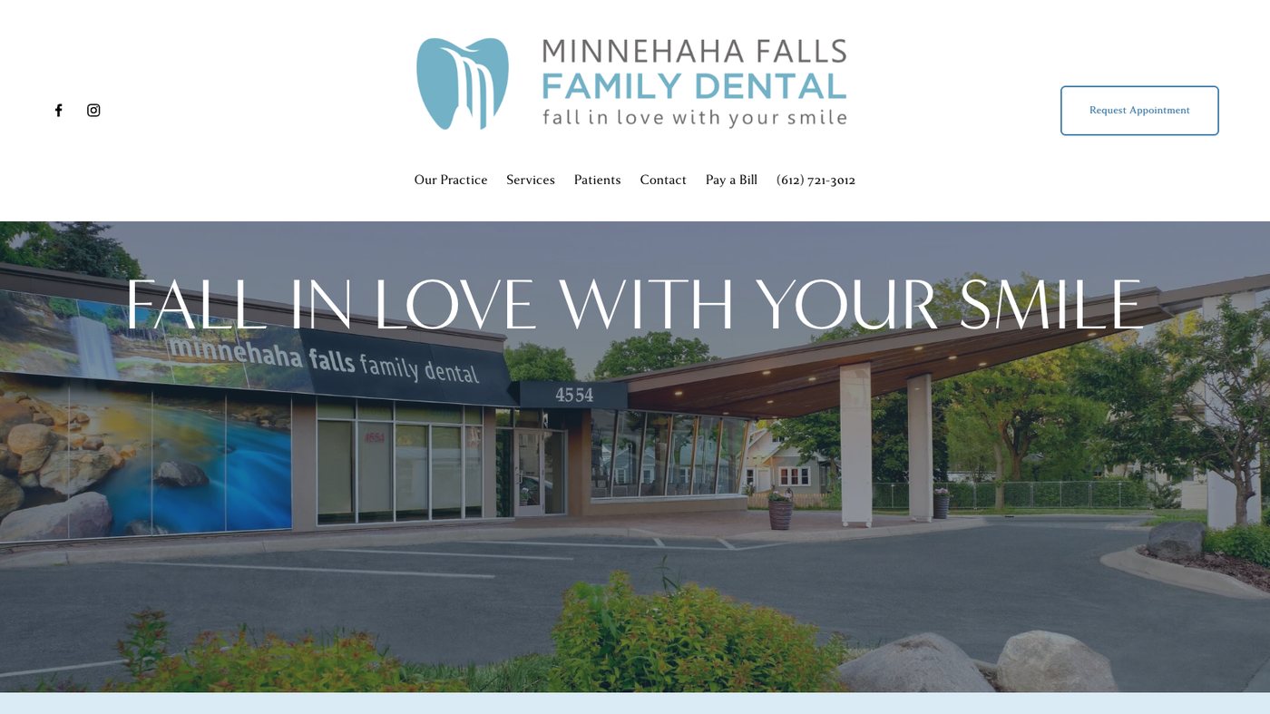 Minnehaha Falls Family Dental homepage with the headline Fall In Love With Your Smile over a photo of the practice's own building and mural, and a Request Appointment button