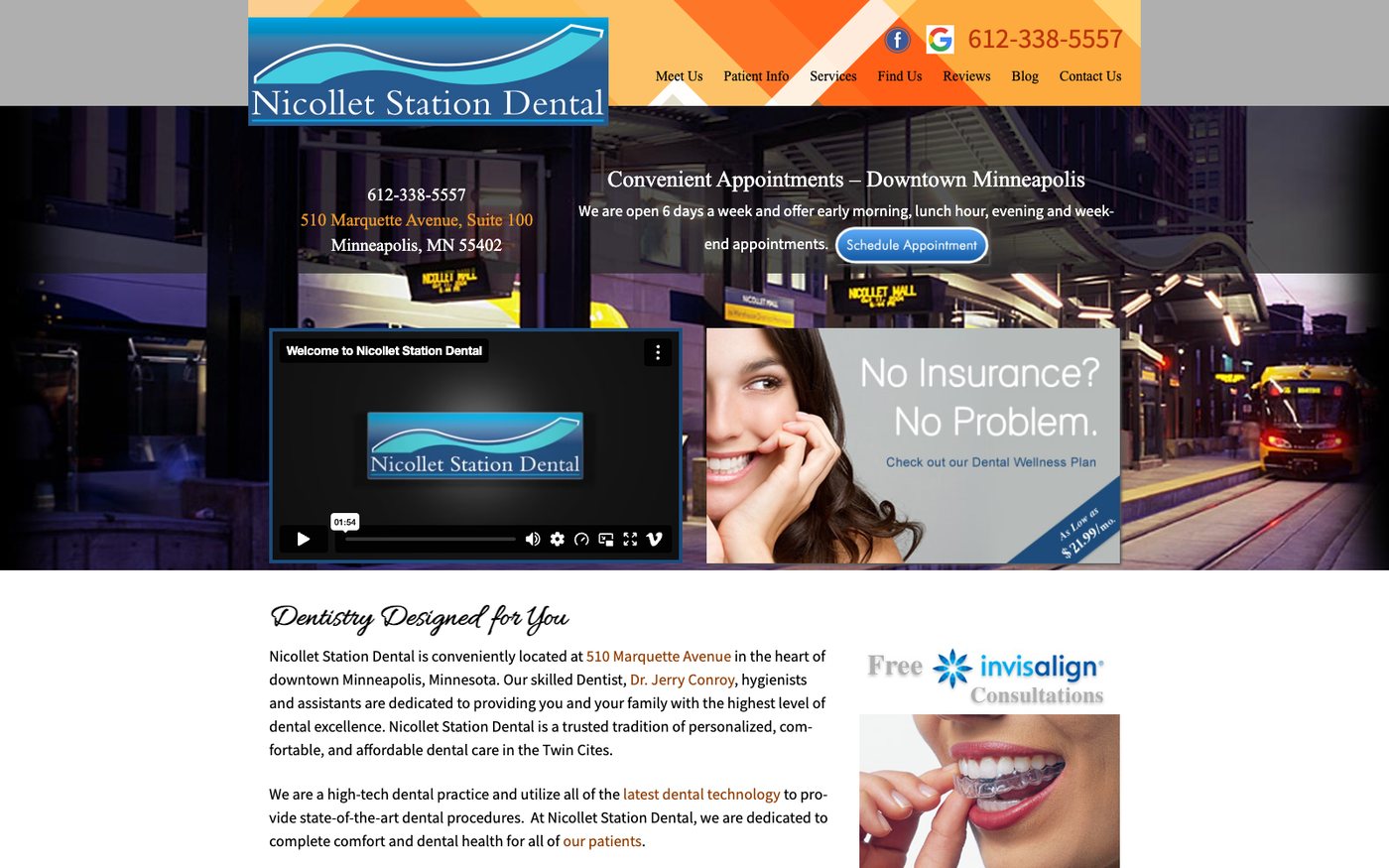 Nicollet Station Dental homepage with a Schedule Appointment button, a welcome video, a No Insurance No Problem banner for a $21.99 a month wellness plan, and a night photo of the light rail platform