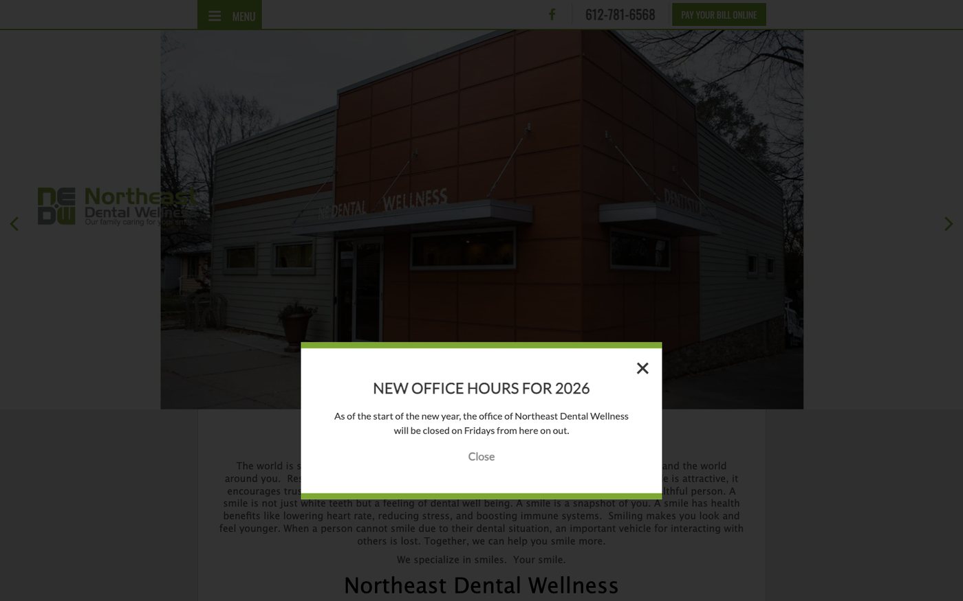 Northeast Dental Wellness homepage darkened behind a modal reading New Office Hours For 2026, the office will be closed on Fridays from here on out