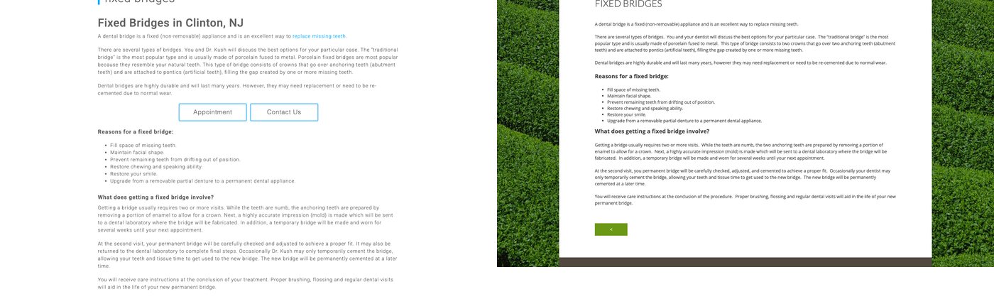 Side by side fixed bridges pages from a New Jersey dentist and a California dentist, both ProSites sites, with identical paragraphs and bullet lists