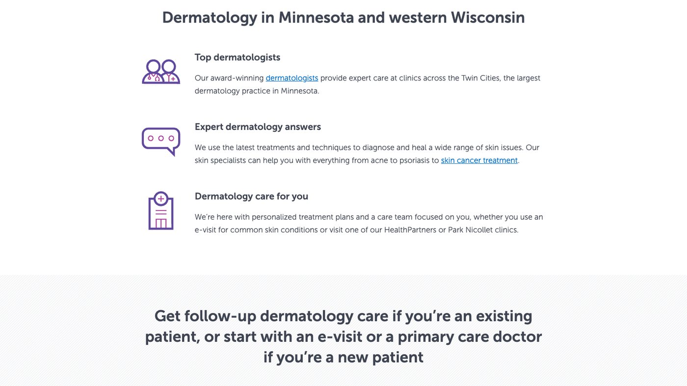 HealthPartners dermatology page calling itself the largest dermatology practice in Minnesota, with a banner telling new patients to start with an e-visit or a primary care doctor
