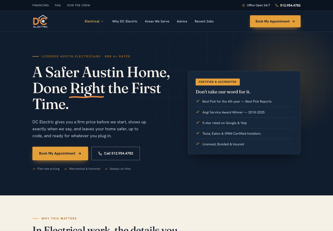 DC Electric homepage, dark navy hero with a credentials panel and two calls to action