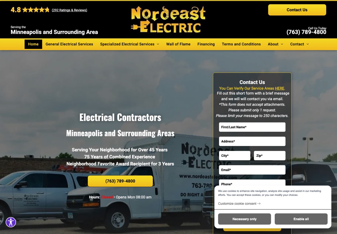 Nordeast Electric homepage with a contact form carrying several restrictions
