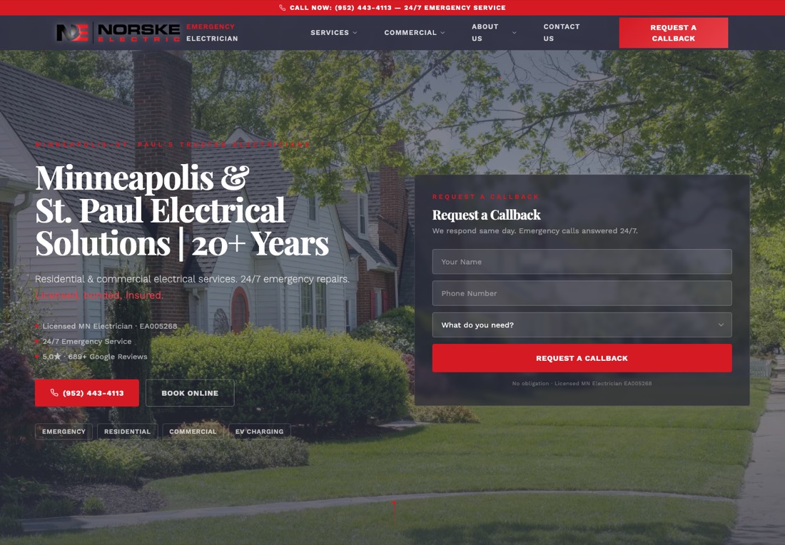 Norske Electric homepage with a request a callback form beside the headline