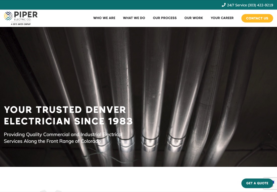 Piper Electric homepage with a full-width photograph of conduit runs