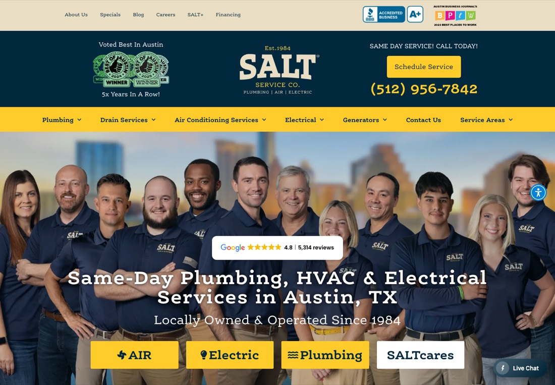 SALT Service Co homepage with a team photograph and a Google rating badge