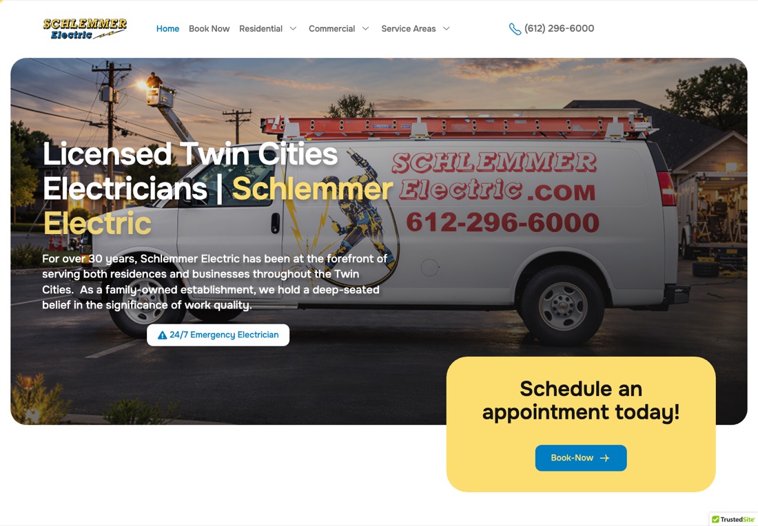Schlemmer Electric homepage with a branded van photograph and a booking card